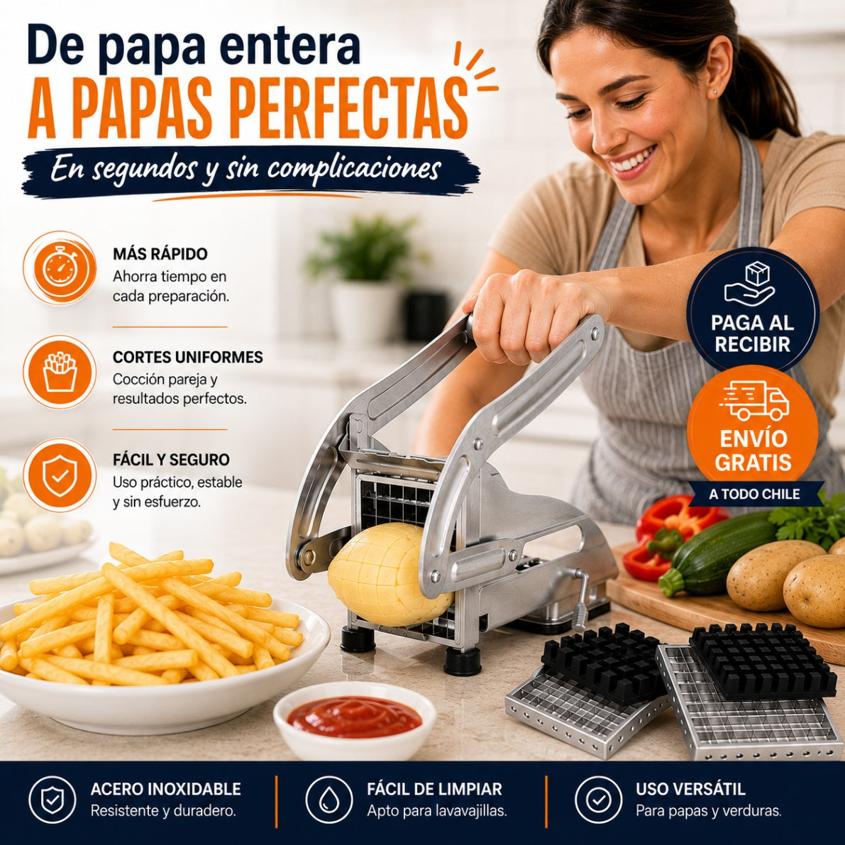 CrispCut - Papas perfectas en segundos. Cortador Papas Fritas De Acero Manual