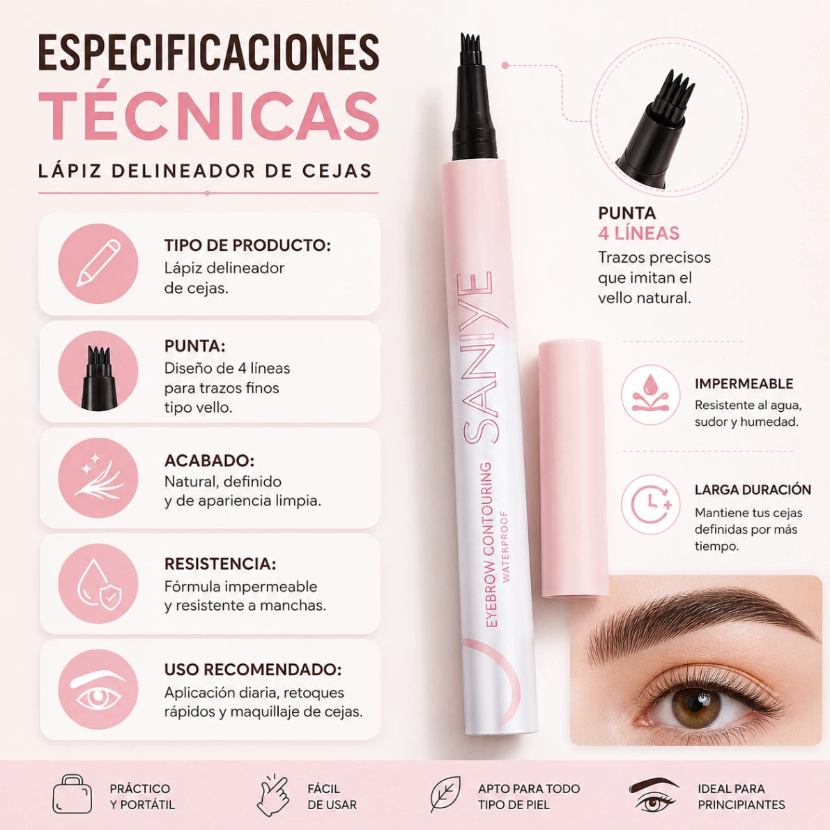 BrowLine - Cejas definidas en segundos: Lápiz de cejas impermeable 4 puntas.