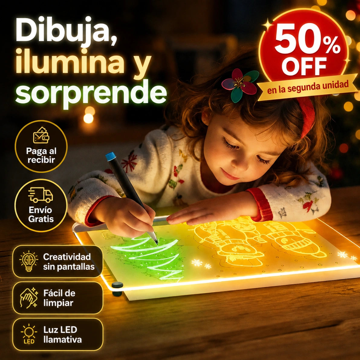 LumiDraw - Dibuja y crea con luz: Pizarra Mágica 20cm X 30cm Luz Led usb