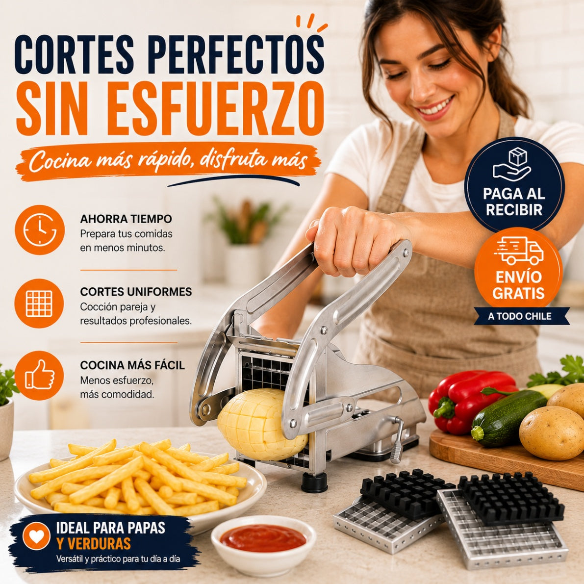 CrispCut - Papas perfectas en segundos. Cortador Papas Fritas De Acero Manual