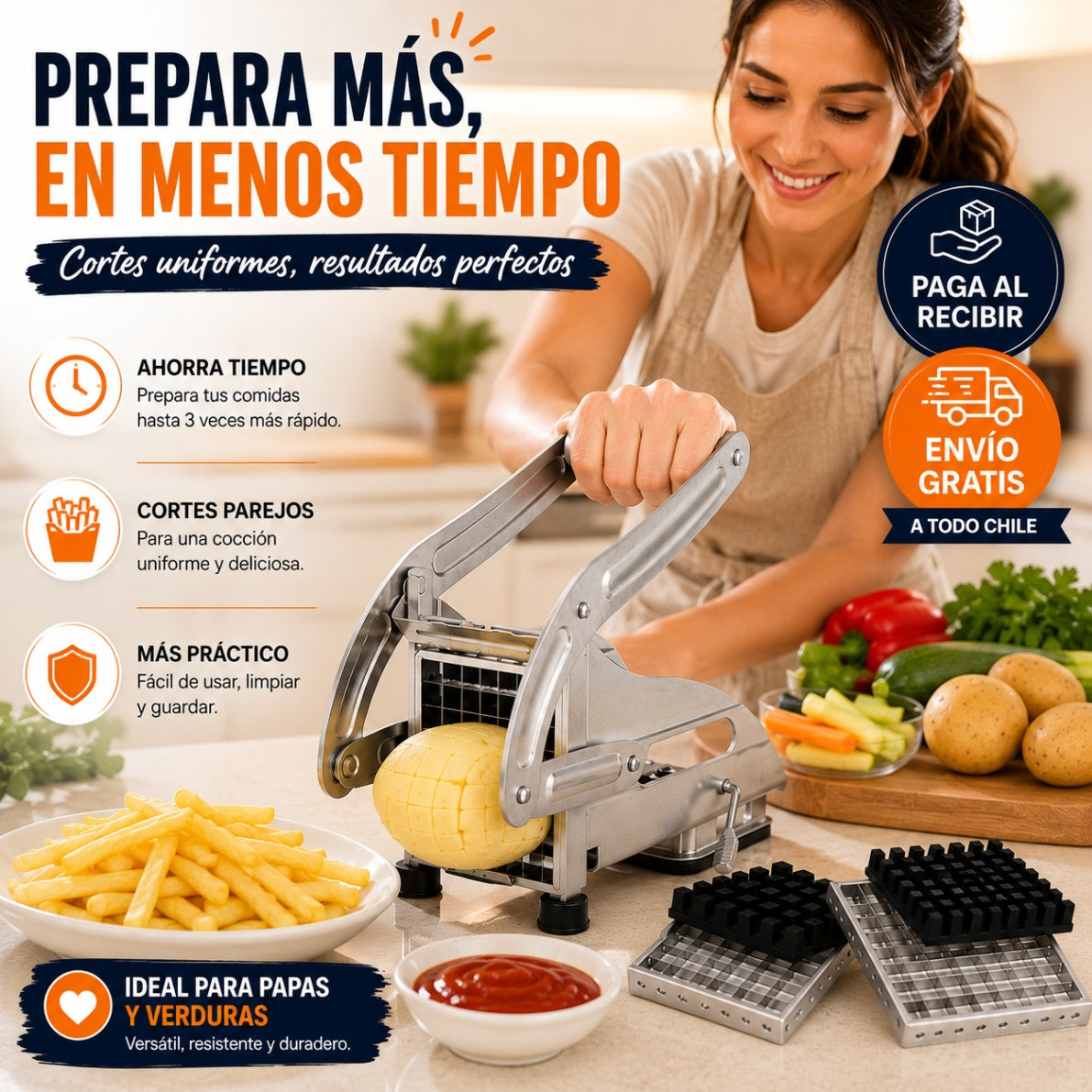 CrispCut - Papas perfectas en segundos. Cortador Papas Fritas De Acero Manual